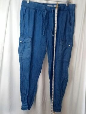 Serra Blue Chambray Cargo Jogger Pants Tencel Soft Scandi Coastal Drawstring